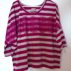 RJM & Co Pink Gray Striped Lace Top Women’s Small Dolman Sleeve Casual Blouse